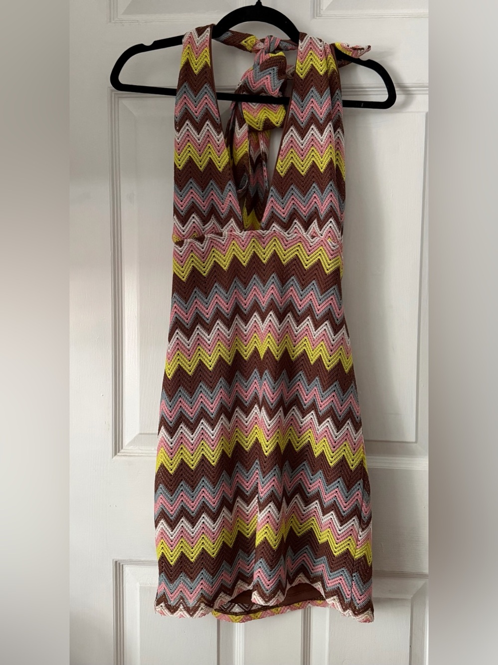 Almost Famous XL Crochet Chevron Halter Dress Y2K 70s Boho Brown Pink